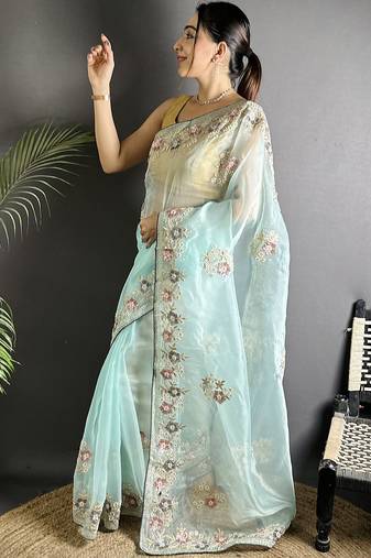 sky_blue   organza silk blend sky blue dubble sequence saree with unstitched blouse