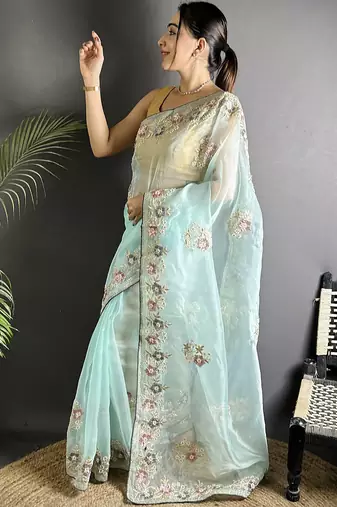 sky_blue   organza silk blend sky blue dubble sequence saree with unstitched blouse