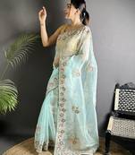sky_blue   organza silk blend sky blue dubble sequence saree with unstitched blouse