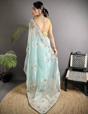 sky_blue  organza silk blend blend sky blue dubble sequence saree with unstitched blouse 2