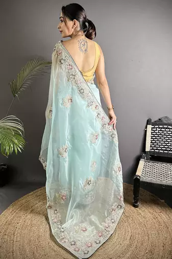sky_blue  organza silk blend blend sky blue dubble sequence saree with unstitched blouse
