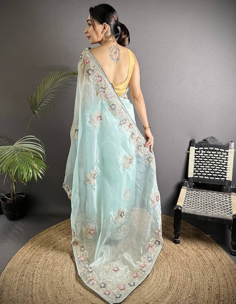 sky_blue   organza silk blend sky blue dubble sequence saree with unstitched blouse