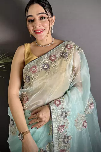 sky_blue  organza silk blend blend sky blue dubble sequence saree with unstitched blouse