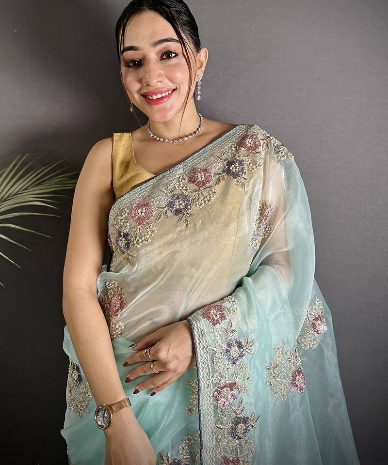 sky_blue   organza silk blend sky blue dubble sequence saree with unstitched blouse