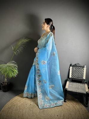 turquoise  organza silk blend blend light turquoise dubble sequence saree with unstitched blouse 1