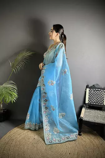 turquoise   organza silk blend light turquoise dubble sequence saree with unstitched blouse