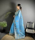 turquoise   organza silk blend light turquoise dubble sequence saree with unstitched blouse