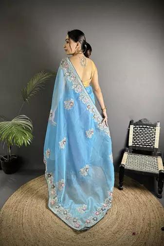 turquoise   organza silk blend light turquoise dubble sequence saree with unstitched blouse