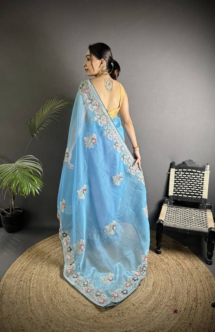 turquoise   organza silk blend light turquoise dubble sequence saree with unstitched blouse