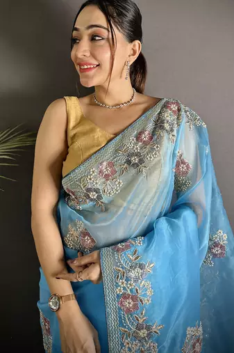 turquoise   organza silk blend light turquoise dubble sequence saree with unstitched blouse