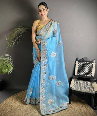 turquoise  organza silk blend blend light turquoise dubble sequence saree with unstitched blouse 5