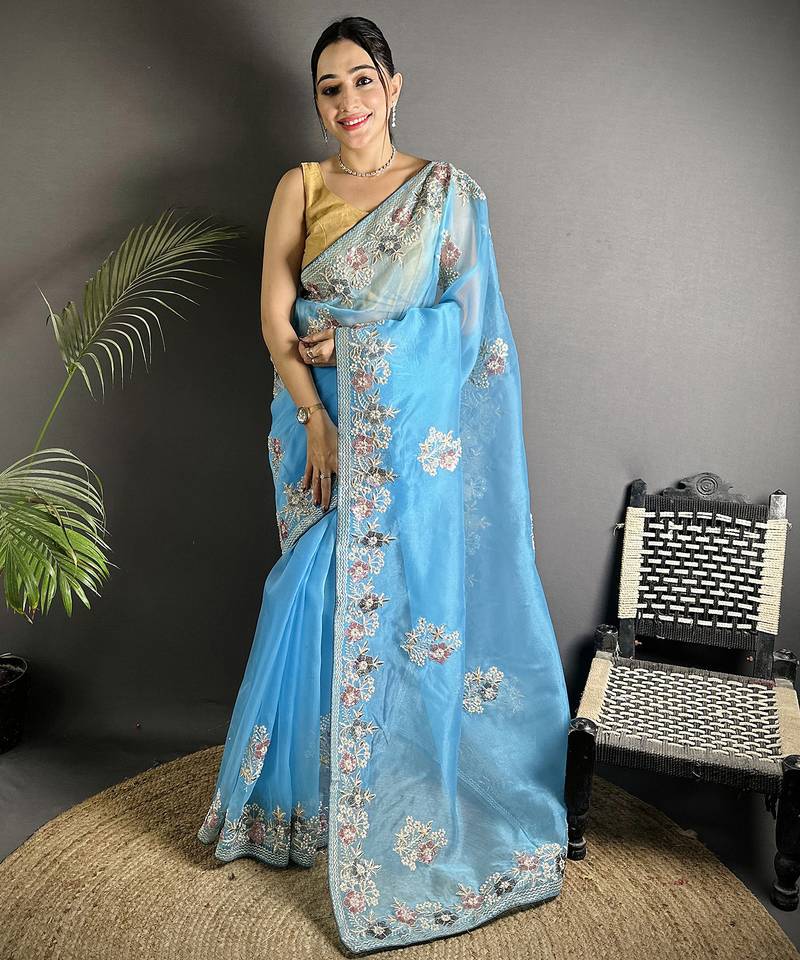 turquoise   organza silk blend light turquoise dubble sequence saree with unstitched blouse