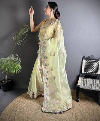 yellow  organza silk blend blend pale prim yellow dubble sequence saree with unstitched blouse 1