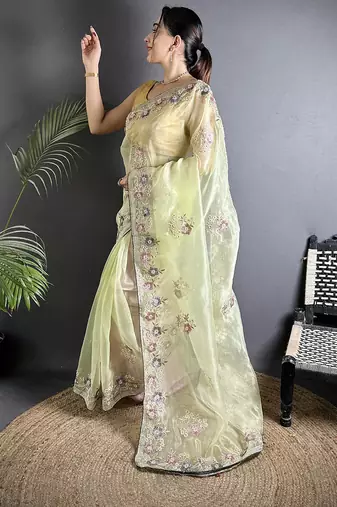 yellow   organza silk blend pale prim yellow dubble sequence saree with unstitched blouse