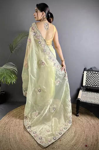 yellow  organza silk blend blend pale prim yellow dubble sequence saree with unstitched blouse
