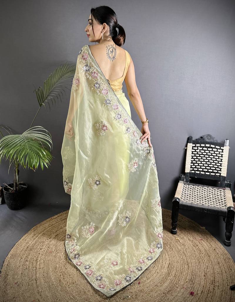 yellow   organza silk blend pale prim yellow dubble sequence saree with unstitched blouse