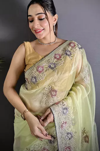 yellow  organza silk blend blend pale prim yellow dubble sequence saree with unstitched blouse