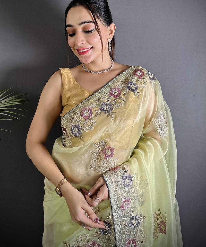 yellow   organza silk blend pale prim yellow dubble sequence saree with unstitched blouse