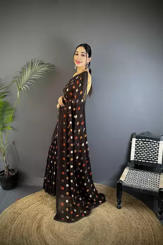 black georgette saree  black polka dot pattern saree with unstitched blouse