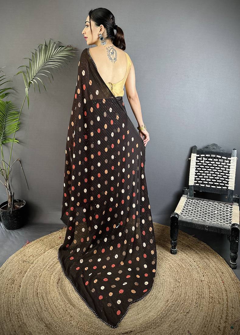black georgette saree   black polka dot pattern saree with unstitched blouse