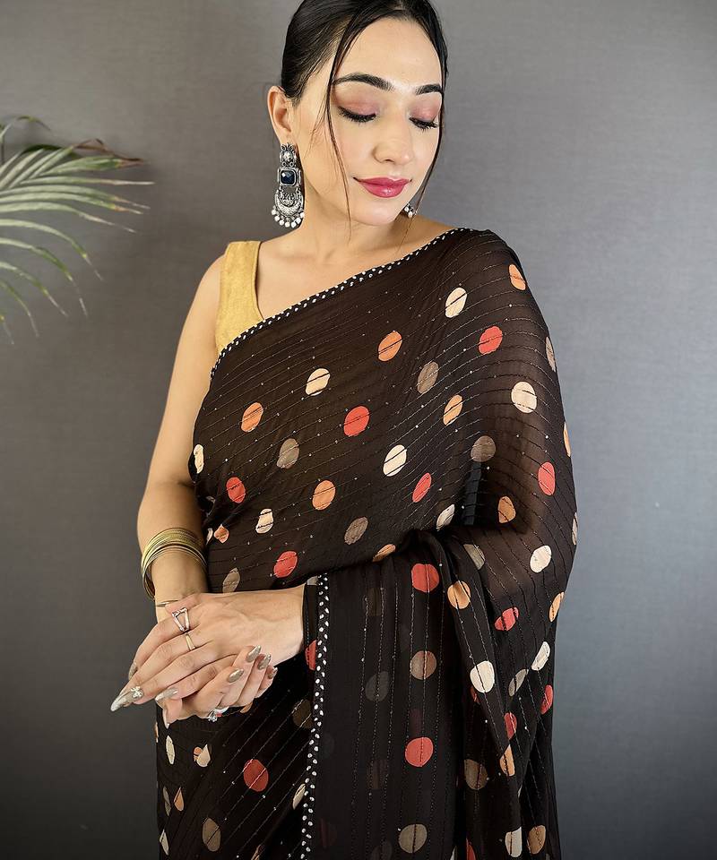 black georgette saree   black polka dot pattern saree with unstitched blouse