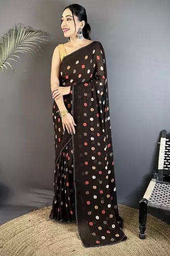 black georgette saree   black polka dot pattern saree with unstitched blouse