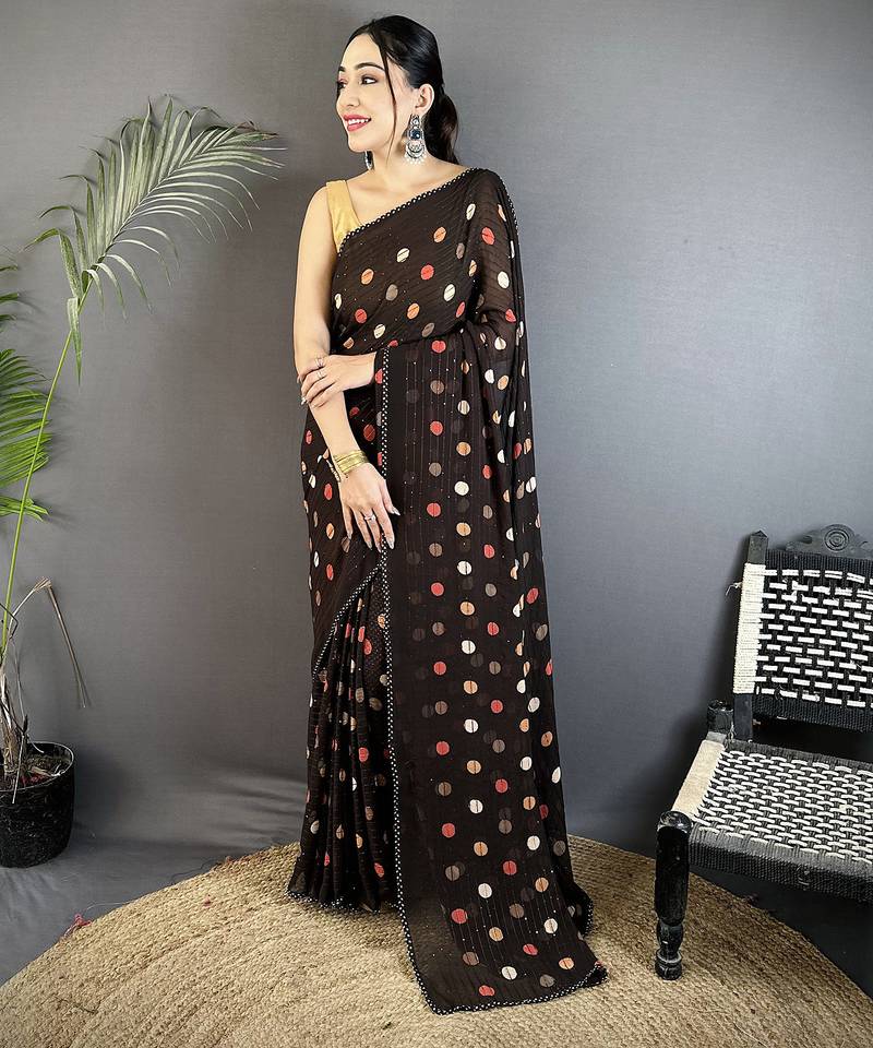 black georgette saree   black polka dot pattern saree with unstitched blouse