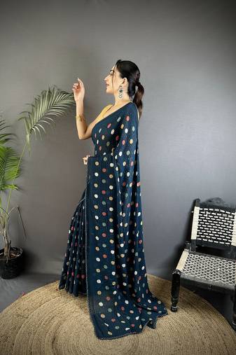blue georgette saree   deep blue polka dot pattern saree with unstitched blouse