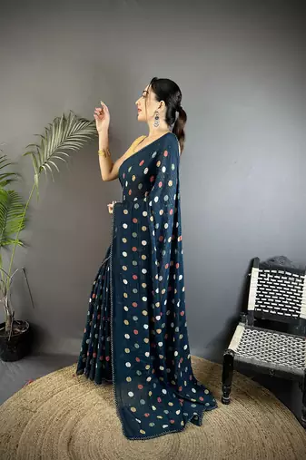 blue georgette saree   deep blue polka dot pattern saree with unstitched blouse