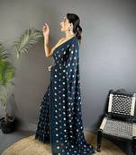 blue georgette saree   deep blue polka dot pattern saree with unstitched blouse