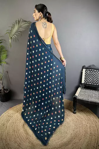 blue georgette saree   deep blue polka dot pattern saree with unstitched blouse
