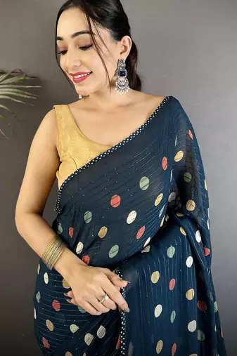 blue georgette saree   deep blue polka dot pattern saree with unstitched blouse