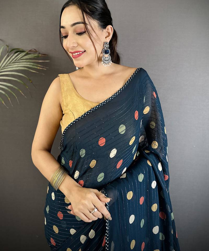 blue georgette saree   deep blue polka dot pattern saree with unstitched blouse