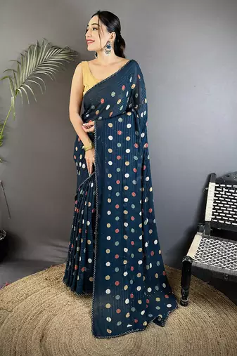blue georgette saree   deep blue polka dot pattern saree with unstitched blouse