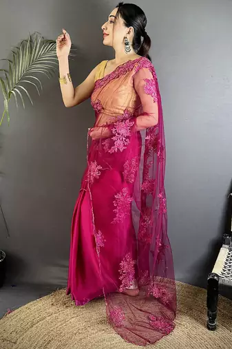 light_pink georgette saree fuchsia floral embroidered saree with unstitched blouse
