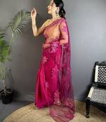 light_pink georgette saree fuchsia floral embroidered saree with unstitched blouse