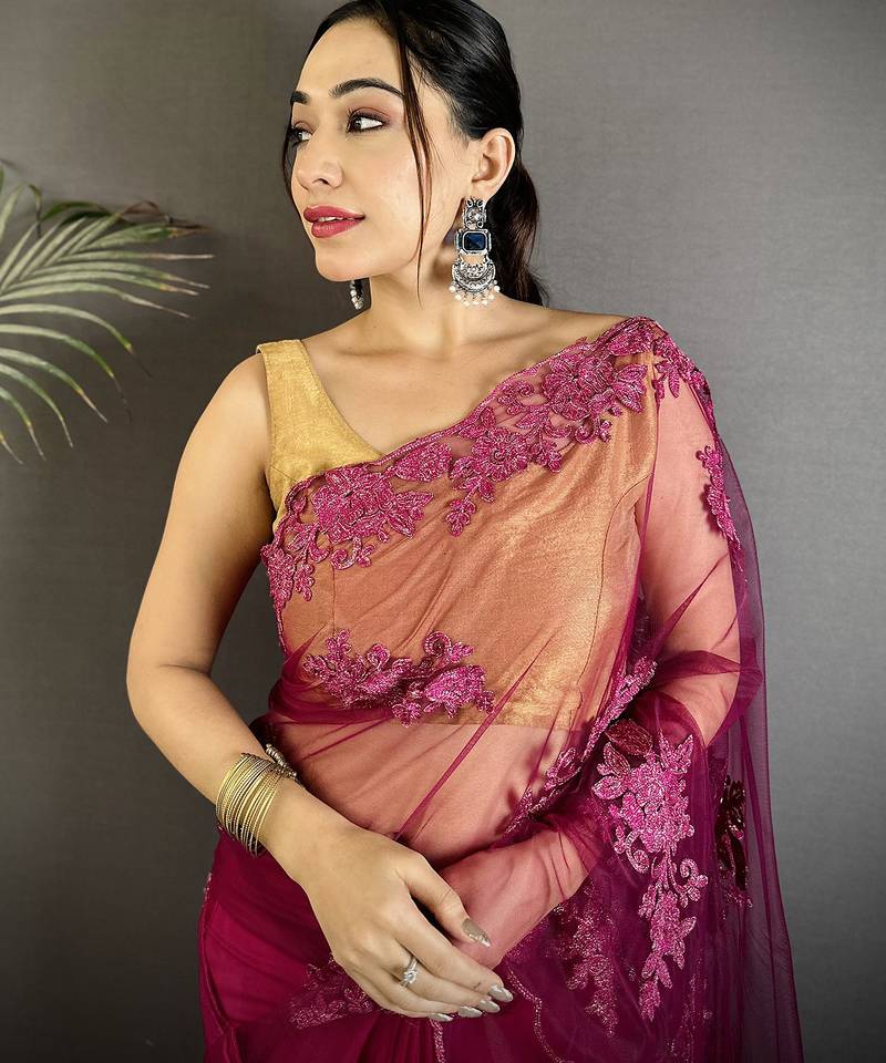 light_pink georgette saree fuchsia floral embroidered saree with unstitched blouse