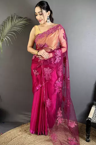 light_pink georgette saree fuchsia floral embroidered saree with unstitched blouse