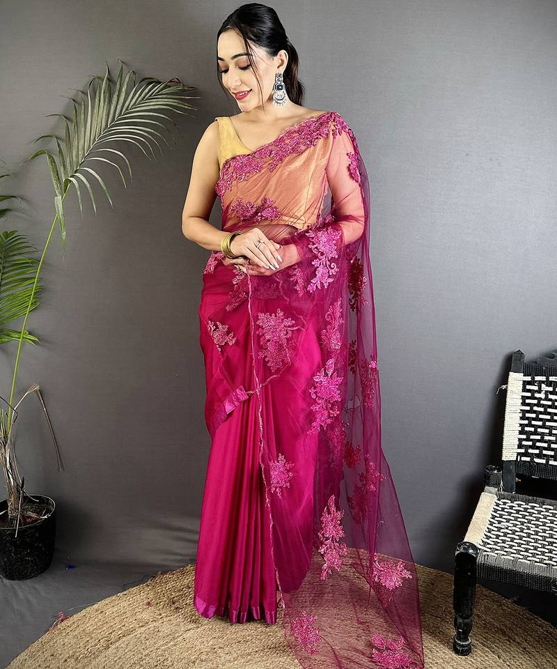 light_pink georgette saree fuchsia floral embroidered saree with unstitched blouse