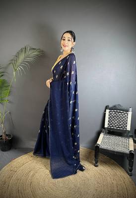 navy_blue georgette saree  navy blue polka dot pattern saree with unstitched blouse 1