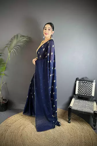 navy_blue georgette saree   navy blue polka dot pattern saree with unstitched blouse