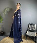 navy_blue georgette saree   navy blue polka dot pattern saree with unstitched blouse