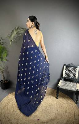 navy_blue georgette saree  navy blue polka dot pattern saree with unstitched blouse 2