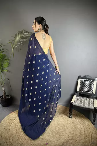 navy_blue georgette saree  navy blue polka dot pattern saree with unstitched blouse