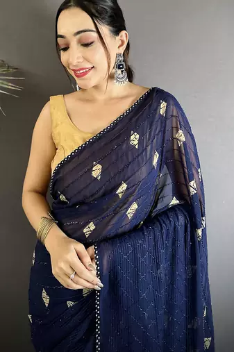 navy_blue georgette saree  navy blue polka dot pattern saree with unstitched blouse