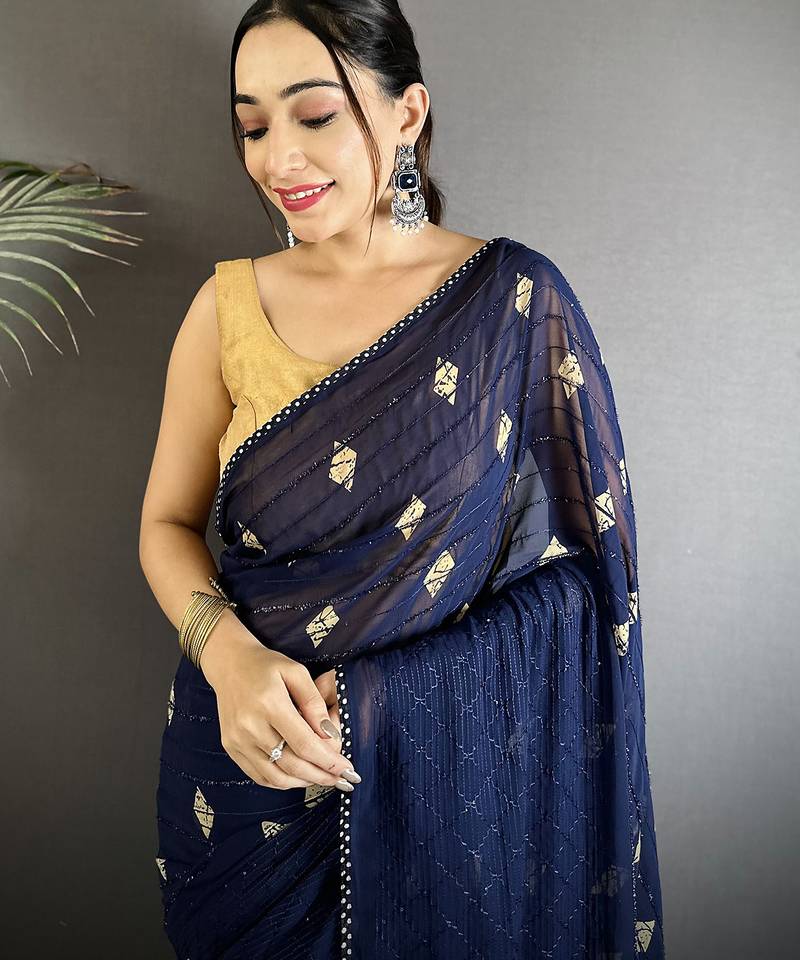 navy_blue georgette saree   navy blue polka dot pattern saree with unstitched blouse
