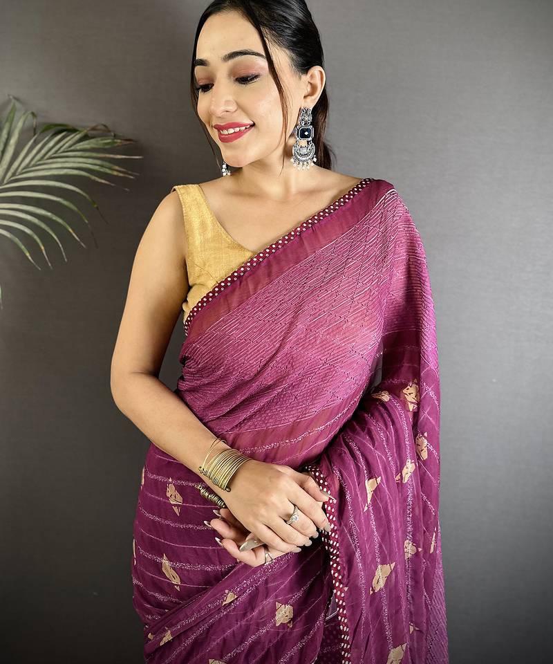 purple georgette saree purple polka dot pattern saree with unstitched blouse