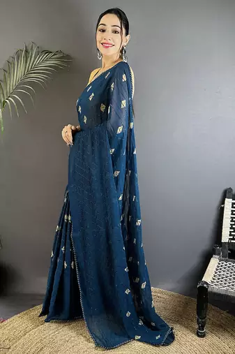 blue georgette saree blue polka dot pattern saree with unstitched blouse