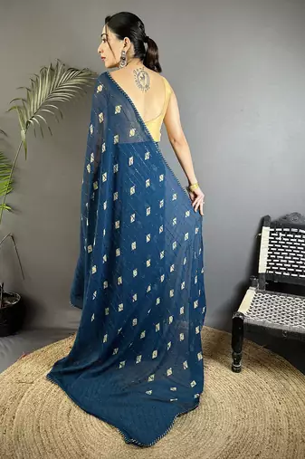 blue georgette saree blue polka dot pattern saree with unstitched blouse