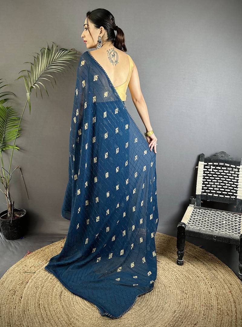 blue georgette saree blue polka dot pattern saree with unstitched blouse